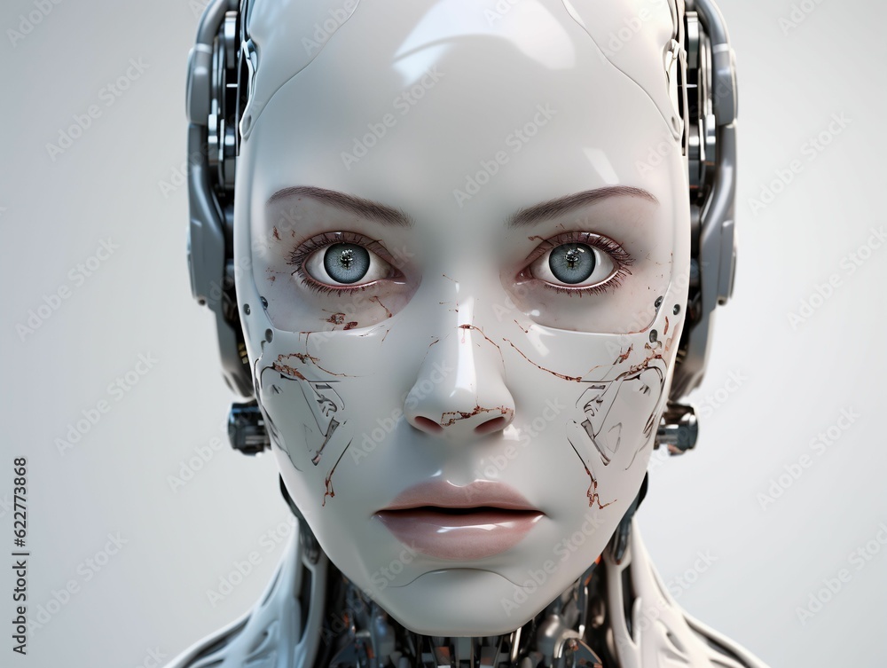 AI generated illustration of a robot with a white body and blue eyes isolated on white background AI generated illustration of a robot with a white body and blue eyes isolated on white background