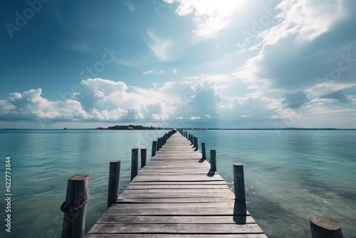 Wooden pier to an island in ocean against beautiful blue sky with white clouds. Ai generative.