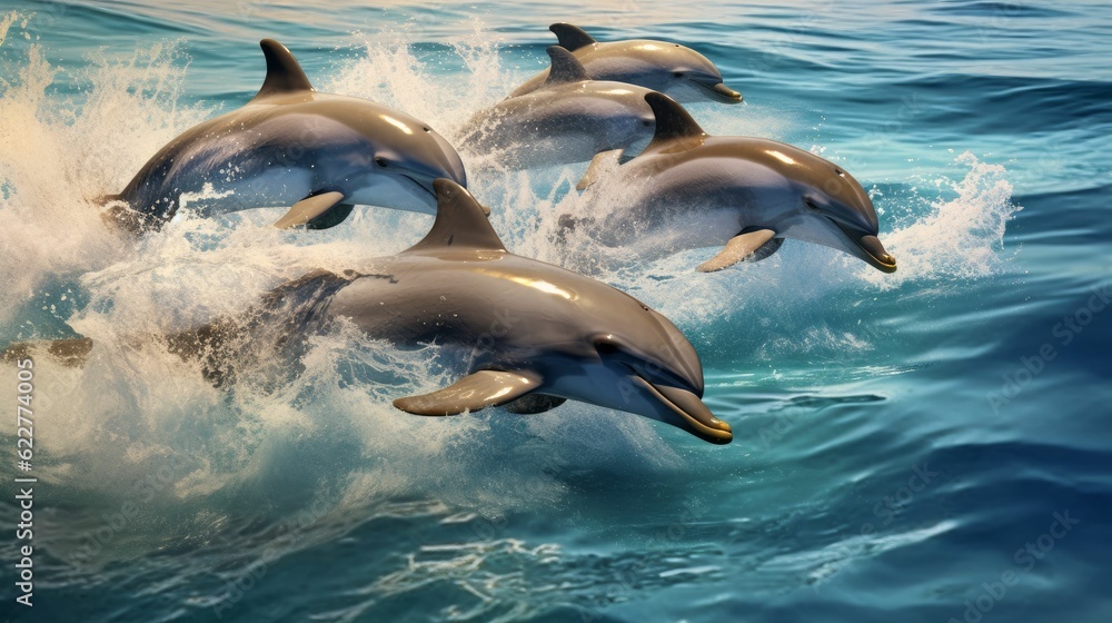 Naklejka premium AI generated illustration of dolphins swimming in sea waves