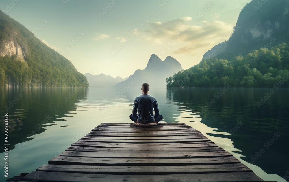 AI generated illustration of a man meditation in a lotus pose on the end of a long wooden dock