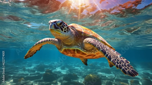 AI generated illustration of a turtle swimming in turquoise sea © Tiam Seong/Wirestock Creators
