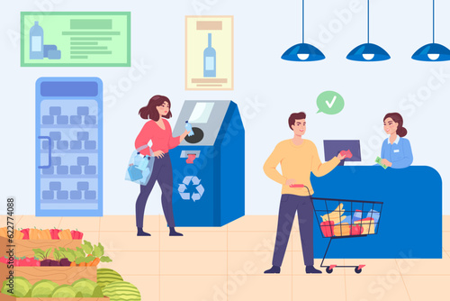 Customer recycling plastic bottles in shop vector illustration. Cartoon drawing of man getting deposit for recycling plastic containers for in store. Recycling, shopping, ecology concept