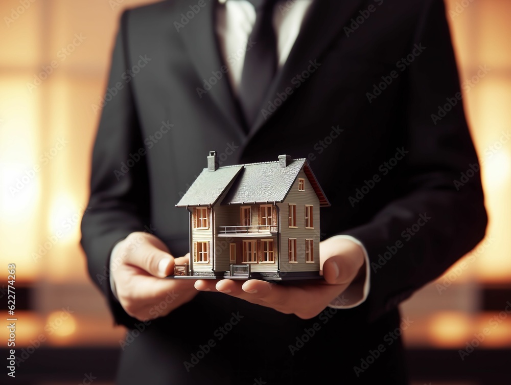 AI generated illustration of A businessman dressed in a suit, holding a miniature model of a house AI generated illustration of A businessman dressed in a suit, holding a miniature model of a house