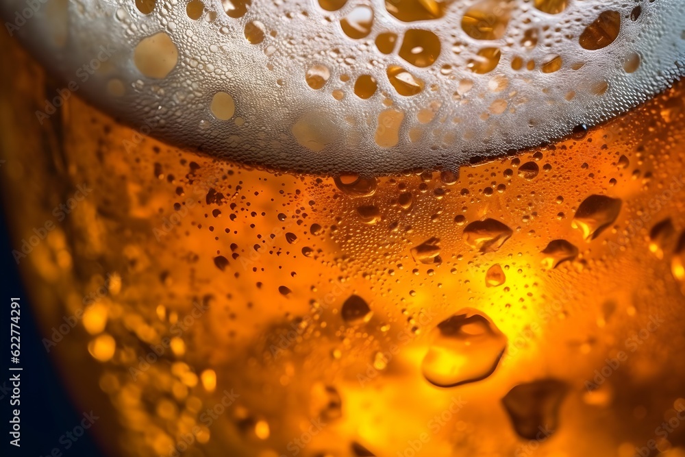 AI generated illustration of a close-up shot of a golden beer in a wet ...
