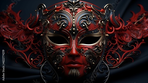 Black and red mask featuring intricate designs on its face. AI-generated.