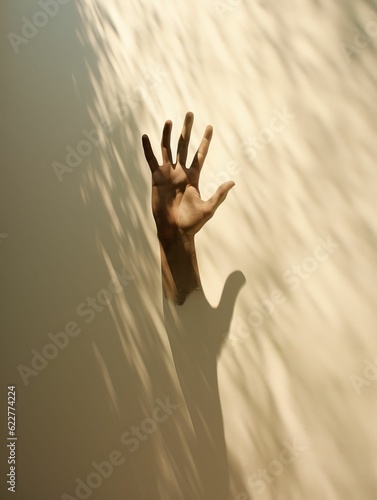 AI generated illustration of a human hand reaching out from a wall