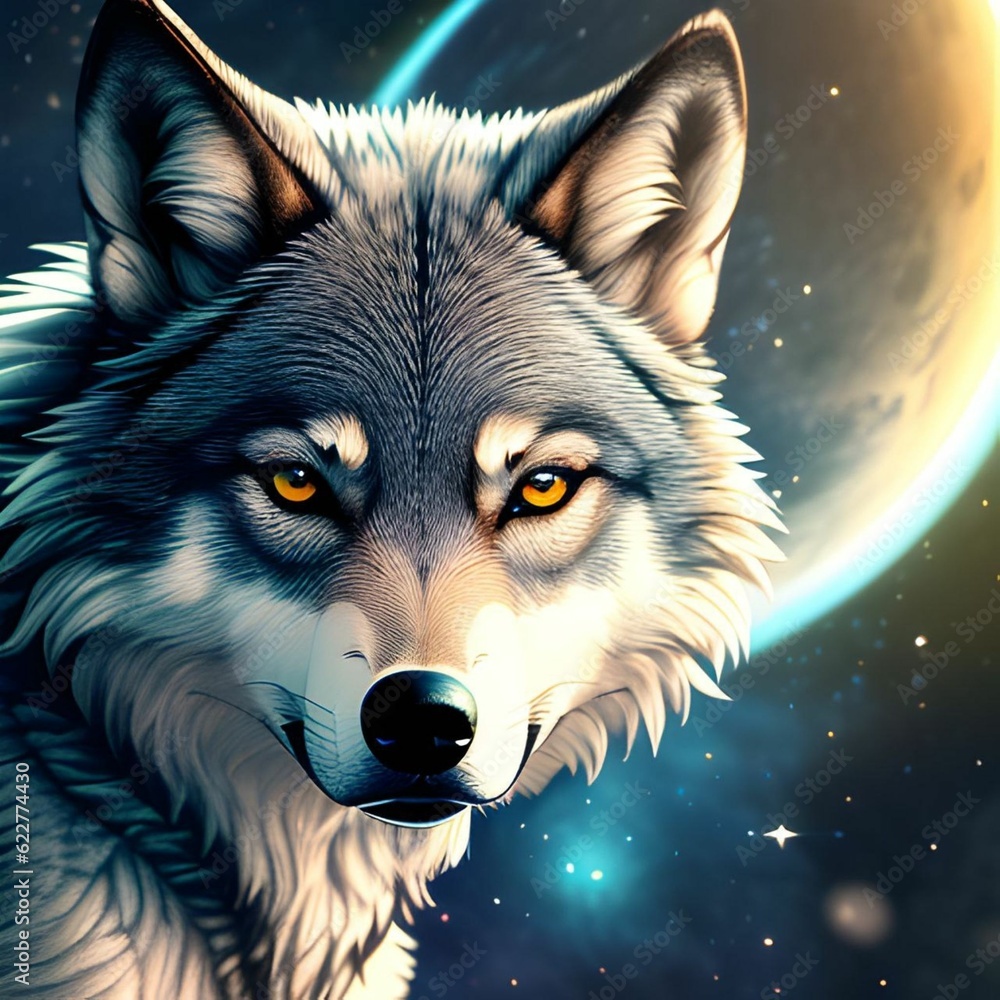AI generated gray wolf with yellow eyes and patterned forehead AI generated gray wolf with yellow eyes and patterned forehead