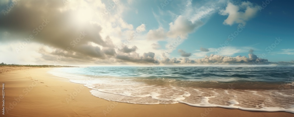 Beautiful banner beach with sand, turquoise ocean water and blue sky with clouds in sunny day. Ai generative.