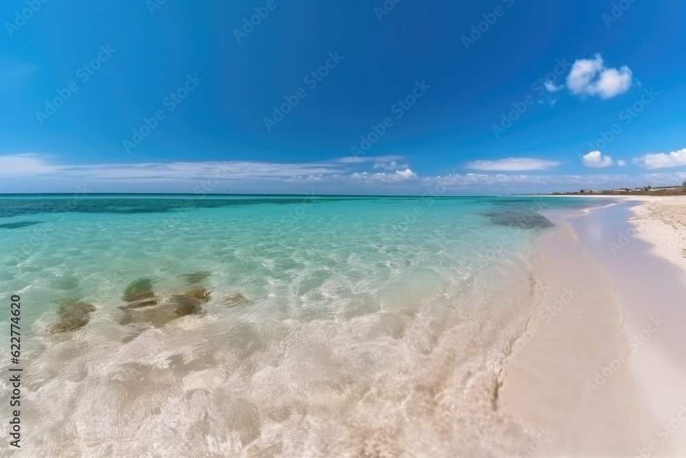 Beautiful beach with sand, turquoise ocean water and blue sky with clouds in sunny day. Ai generative. Beautiful beach with sand, turquoise ocean water and blue sky with clouds in sunny day. Ai generative.