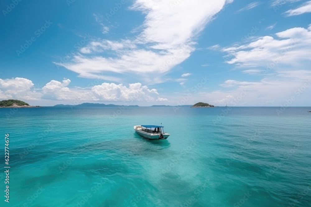 Boat in turquoise ocean water against blue sky with white clouds and tropical island. Ai generative.