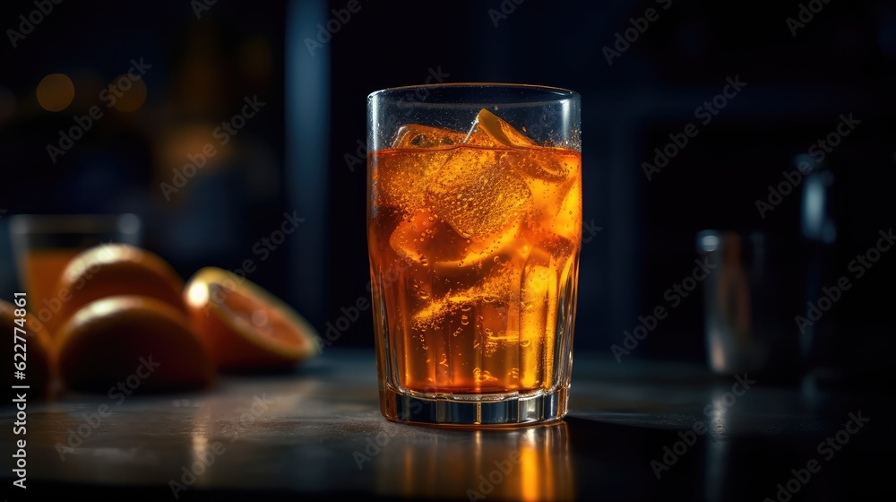 AI generated illustration of a cocktail with orange and ice cubes