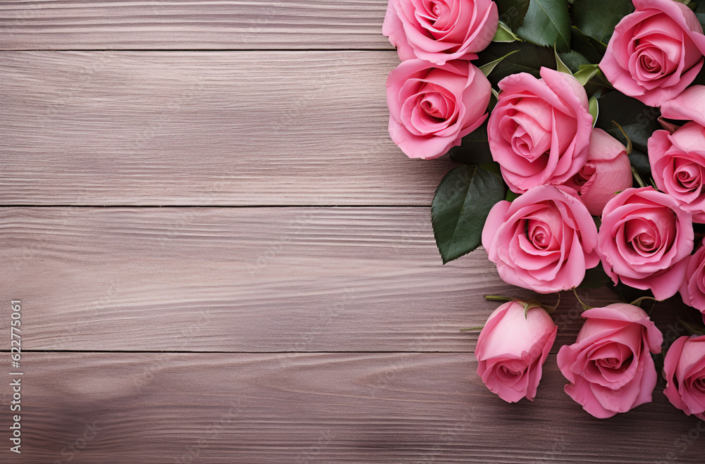 pink rose composition on wooden tabletop Generative AI pink rose composition on wooden tabletop Generative AI