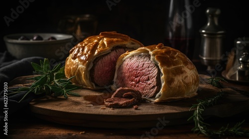 AI generated illustration of Beef Wellington served on a wooden cutting board