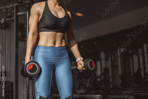 Concepts healthy lifestyle and workout. Bodybuilder, Workout, Fitness muscular body, Fitness, Gym. Fitness asian woman holding dumbbells in preparation pose at Gym in the morning. She wears black
