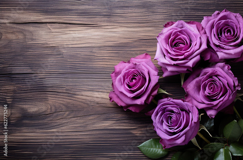 purple rose composition on wooden tabletop Generative AI