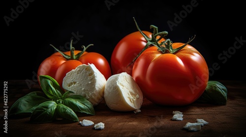 AI generated illustration of tomato and mozzarella served with greens