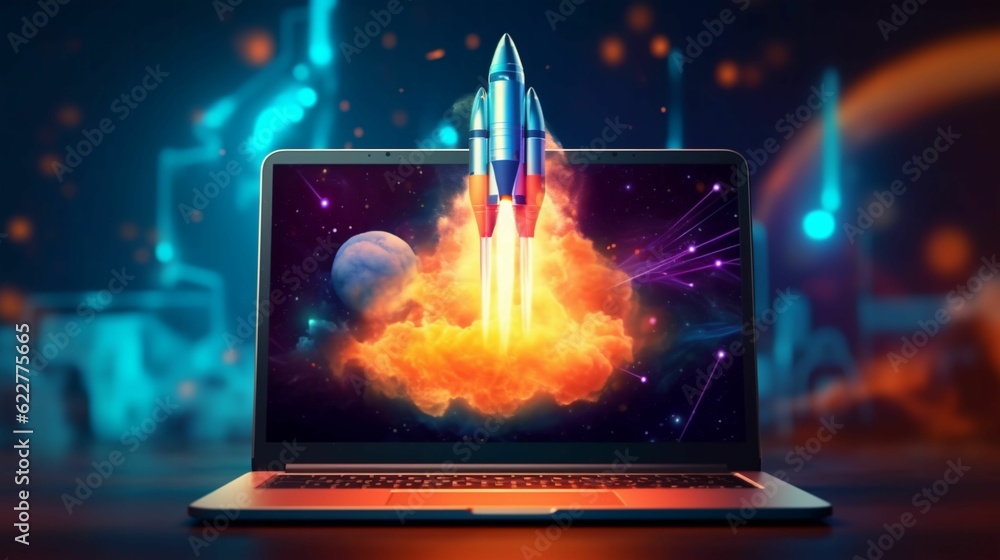 AI generated illustration of a laptop computer with a colorful rocket emerging from the display AI generated illustration of a laptop computer with a colorful rocket emerging from the display