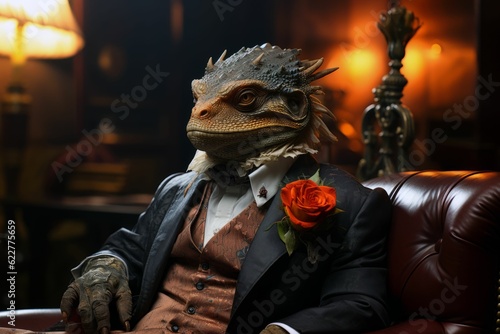 AI generated illustration of a reptile, dressed in a formal suit on a black leather armchair