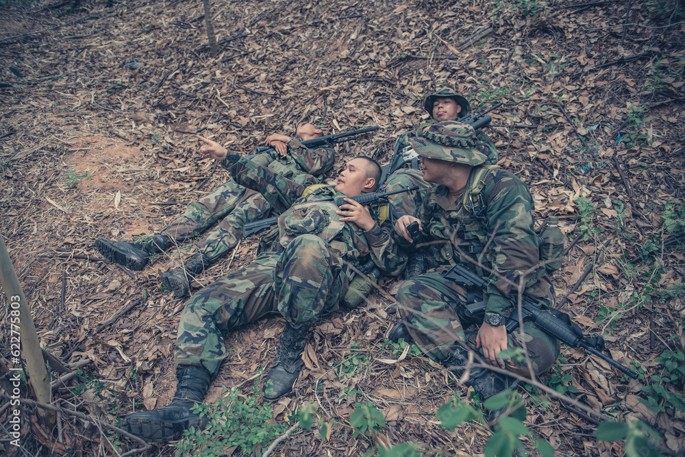 Team of army soldier with machine gun moving in the forest,Thai militia ...