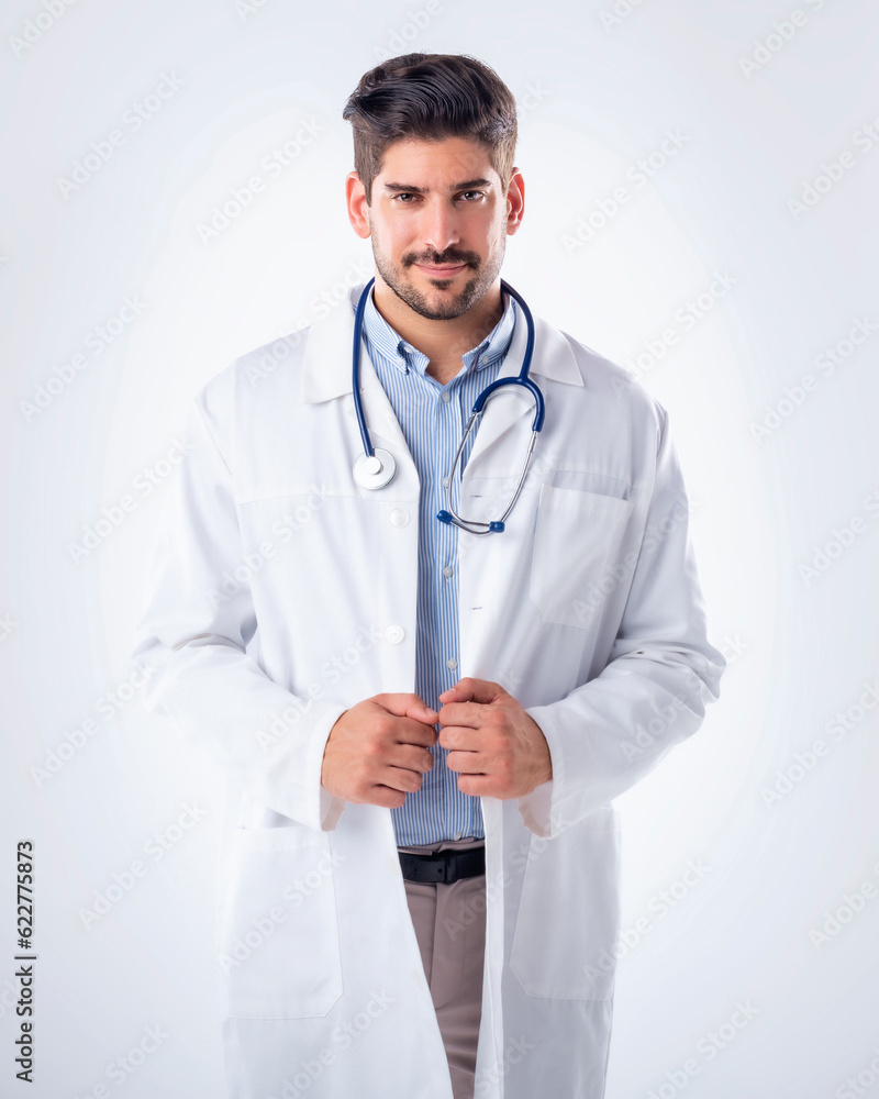 Portrait of confident male doctor wearing lab coat and stethoscope against grey background Portrait of confident male doctor wearing lab coat and stethoscope against grey background