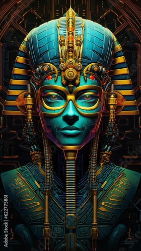 Robotic king tut pharaoh in an Egyptian-inspired sci-fi setting photo