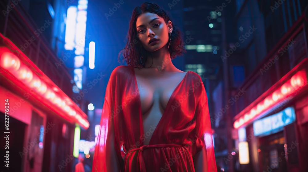 Obraz premium Attractive Asian woman in a traditional kimono on a street illuminated by neon lights. Ai generated