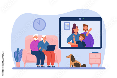 Senior couple adapting to video conference vector illustration. Elderly couple using laptop to call children and grandchildren on screen. Senior lifestyle, technology use concept