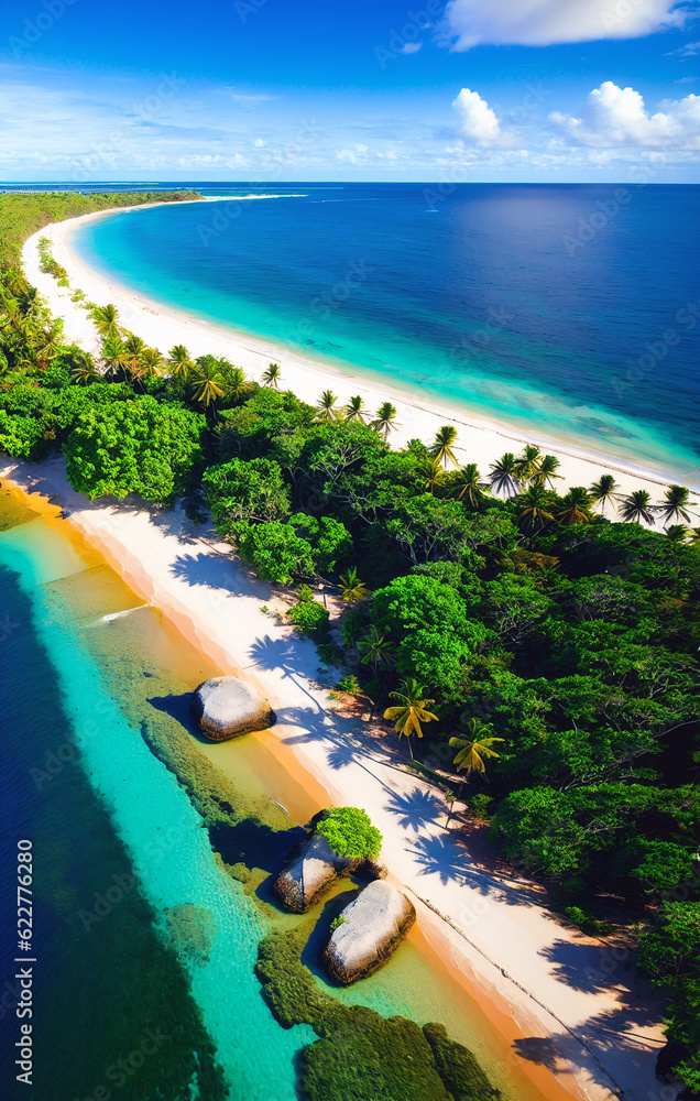 Fototapeta premium Aerial view of beautiful tropical beach with coconut palm trees, blue lagoon and white sand. Generative AI.