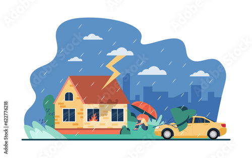 Sad girl sitting near house during storm vector illustration. Scared woman with umbrella, burning building, tree on car, increased turbulence. Climate change, weather, natural disaster concept