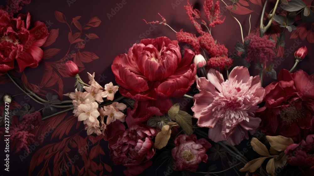 Beautiful bouquet of flowers on a dark red background. Illustration in retro style. Beautiful bouquet of flowers on a dark red background. Illustration in retro style.