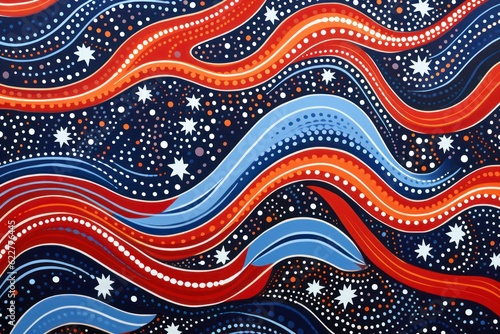 Abstract brightly colored aboriginal painting in red and blue. Wavy lines and organic shapes.