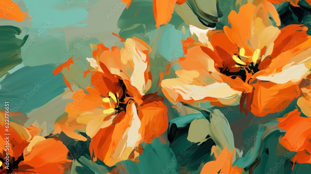 Colorful pattern with orange poppies flowers on a green background. Vintage illustration.