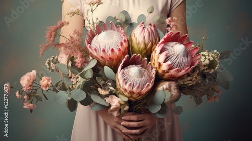 Female hands hold a bouquet of protea flowers and butterflies, closeup. Pastel colors.