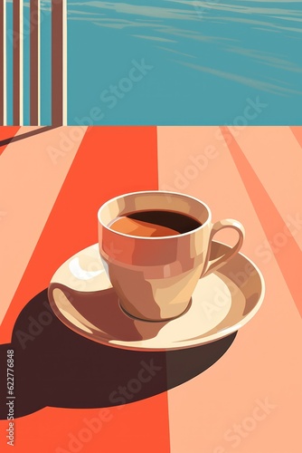 White cup of coffee on the background of the sea. Vintage illustration.