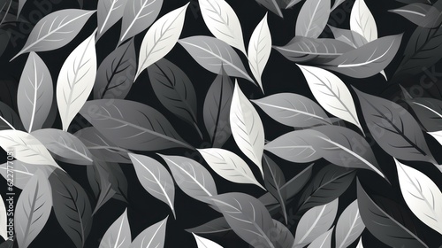 Seamless pattern of white leaves on a black background. Illustration in grey colors.