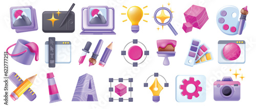 3D design creative icon vector set, utility logo pictogram kit, idea project art process concept. Drawing studio, portfolio image, digital drawing paint bucket, palette, brush. Design icon UI symbol