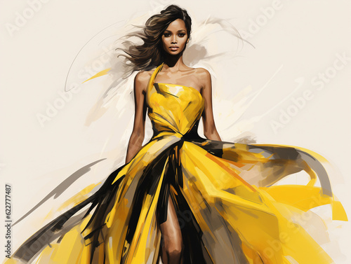 Photographie Beautiful fashionable young black woman in yellow haute couture dress, fashion s
