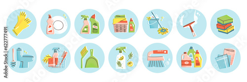Housework circle icon set. Cleaning supplies like detergent bottles, dish soap, brushes, sponges. Vector illustration of housekeeping concept. Cleaning products and tools in hand drawn style.