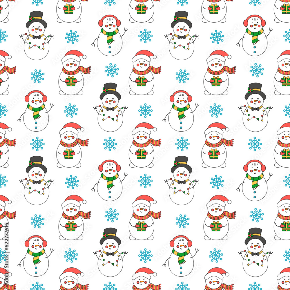 Christmas seamless pattern with cute cartoon snowmen on white background.