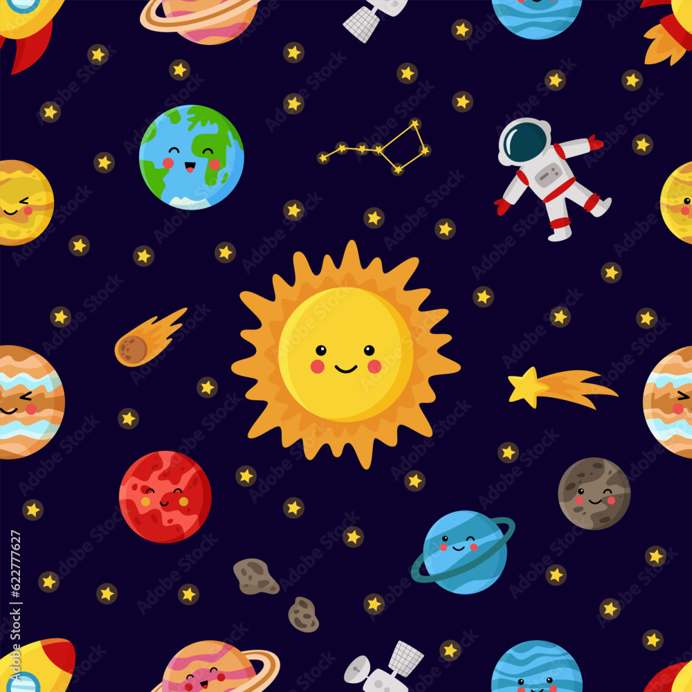 Space seamless pattern with cute Sun and solar system planets.
