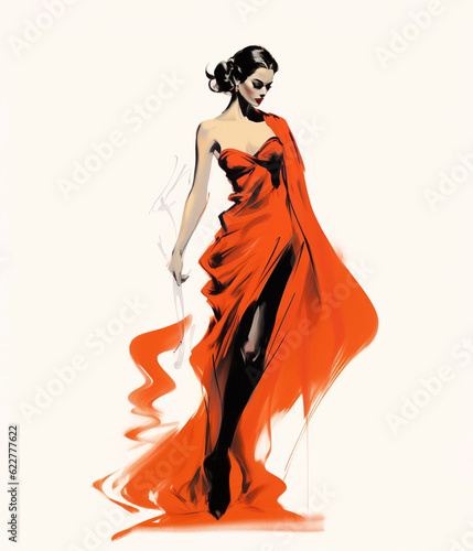 Beautiful fashionable young woman in red evening dress, fashion sketch illustration style