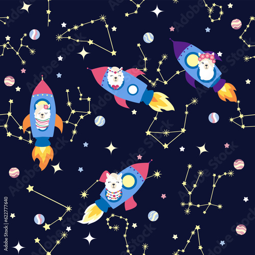 Seamless pattern with lama in a rocket, in space. Lama travels, adventures among the stars. Cute pattern with alpaca