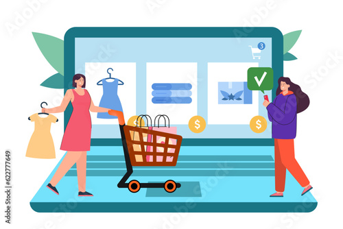Women choosing clothes in online store vector illustration. Customers with cart buying dresses with mobile shopping app on computer screen. Ecommerce, online delivery concept