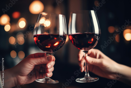 Friends toasting red wine glasses on restaurant background. Generative AI. 