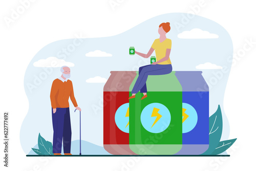 Young woman offering senior man drink vector illustration. People drinking caffeinated energy drinks with taurine to slow down aging and extend lifespan. Health care, science concept