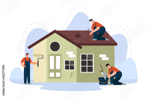Workers repairing aging house vector illustration. Group of builders fixing roof and windows, painting walls, renovating building. Home maintenance, renovation and repair concept