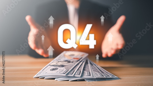 Business Profit growth, Financial report, Fourth quarter Concept. Business man show Profit on 4th quarter positive growth performance report, increase financial, Q4, stock, analysis, Business success.