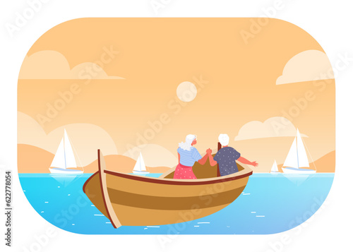 Senior couple traveling by boat vector illustration. Elderly man and woman holding hands, enjoying sunset while sailing in sea. Travel and exploration in retirement, summer concept