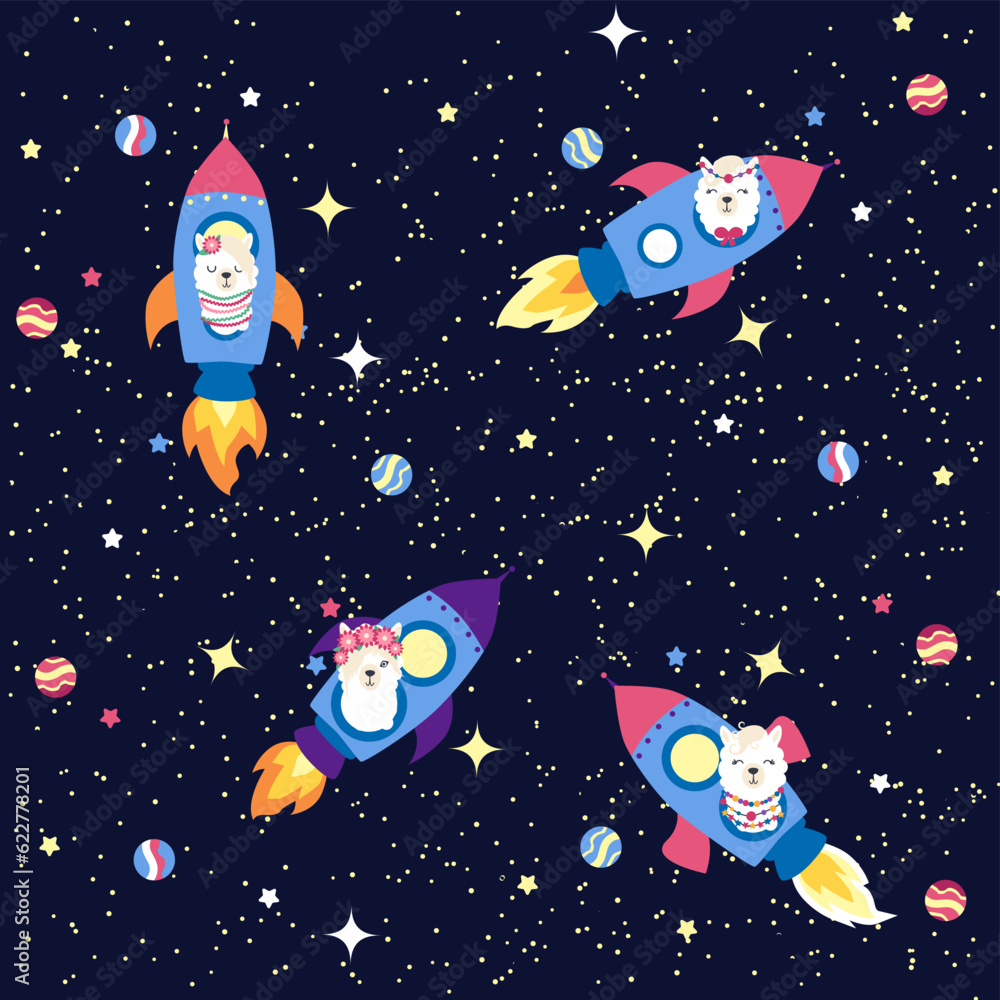 Naklejka premium Seamless pattern with lama in a rocket, in space. Lama travels, adventures among the stars. Cute pattern with alpaca