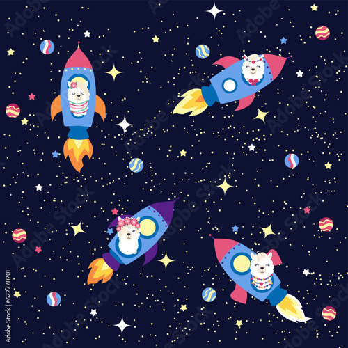 Seamless pattern with lama in a rocket, in space. Lama travels, adventures among the stars. Cute pattern with alpaca